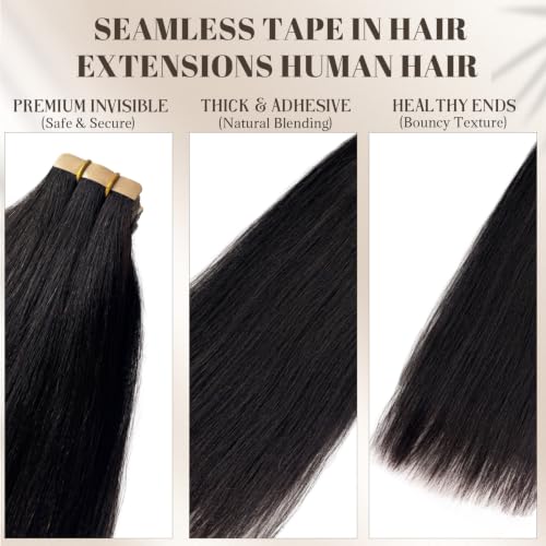 Yaki Straight Tape-in Hair Extensions for Black Women - 12 Inch, 50G, 20PCS, Light Human Hair, Seamless & Double Sided Tapes - Variation YK