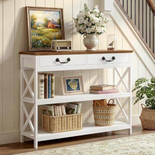 IRONCK 39.4-Inch Farmhouse Console Table with Storage - White & Walnut Variation 39.4inch