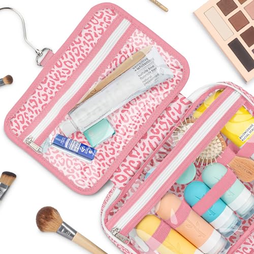Water-Resistant Travel Toiletry Bag with Hanging Hook - Large Capacity, Pink Leopard