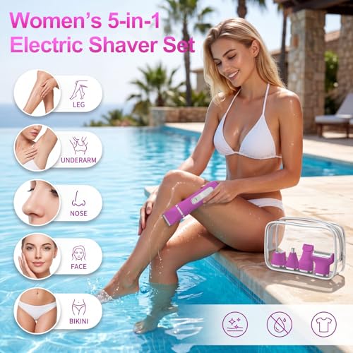 KINGTEE Rose Pink Bikini Trimmer for Women, Waterproof Electric Razor with 5 Blades & Charging Dock