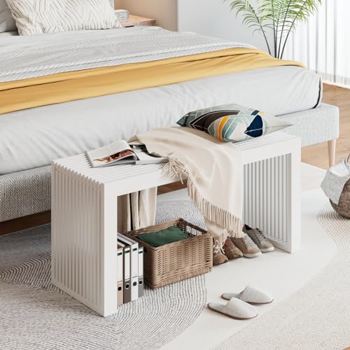 White Bamboo Entryway Bench 35.4-Inch Wooden Shoe Storage Seating - Rustic Farmhouse Style