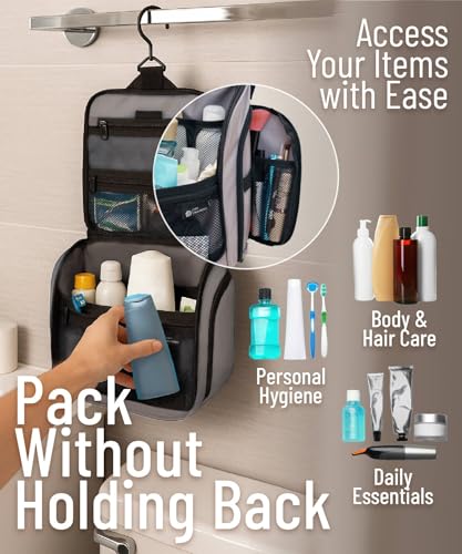 Travel Toiletry Bag for Women & Men - Large Organizer, Light Gray Medium, D&D Wanderlust
