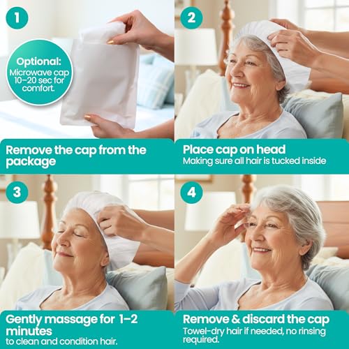 No-Rinse Shampoo & Conditioner Shower Cap, Waterless Hair Washing for Elderly, Bedridden, Hassle-Free Microwavable Hair Washing Cap infused with Aloe & Vitamin E ? 12-Pack