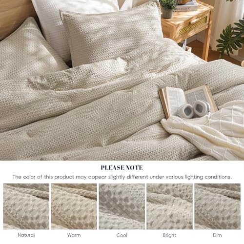 King Size Waffle Comforter Set with Pillow Shams - Natural Linen, Breathable & Lightweight Bedding for All Seasons