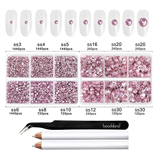 Pink Rhinestones for Nails 8300pcs Flatback Beads Set - Light Pink, 10 Sizes with Tools