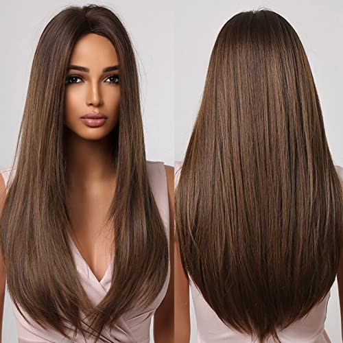 Allbell Long Straight Brown Wigs for Women 24 Inch Heat-Resistant Synthetic Hair - Dark Brown, Layered, Natural Look, Party & Halloween