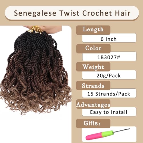 Kachanaa 6 Inch Senegalese Twist Crochet Hair 8 Pack Short Pre-Looped Synthetic Havana Braids