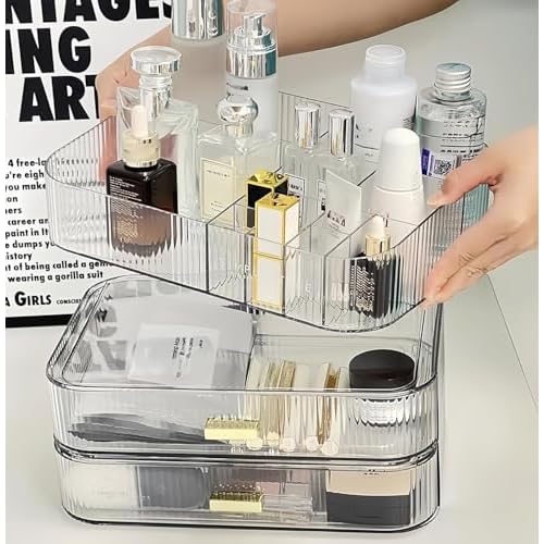 Clear Makeup Organizer for Vanity, Large Desk Organizer with Stackable Drawers for Cosmetics, Skincare, Lipsticks, Eyeshadow Palette, Nail Care, Ideal Storage for Dresser and Bathroom Countertop