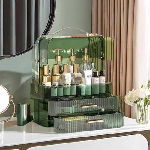 Green Portable Makeup Organizer Box with Drawers & Transparent Lid