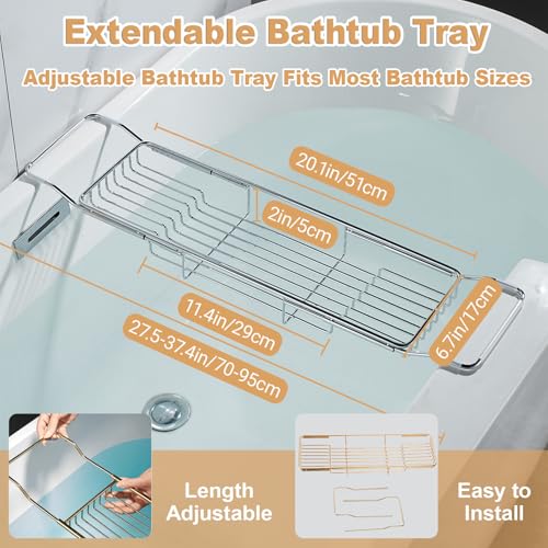 Stainless Steel Bathtub Caddy Tray, Expandable Bath Tub Table, Adjustable Bathroom Tray, Bath Organizer Tub Shelf,Silver,26.8~35.4in