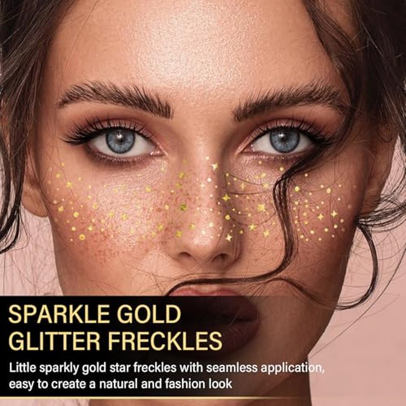 20 Pcs Gold Face Makeup Patches, Glitter Freckles Face Tattoo Gold Makeup, Glitter Freckles, Sparkle Makeup Patches, Waterproof Face Glitter Temporary Tattoos for Women and Girls