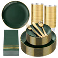 Green Disposable Plastic Plates Set for 50 Guests - Dinner & Dessert Plates, Gold Silverware, Cups & Napkins - Variation: Green