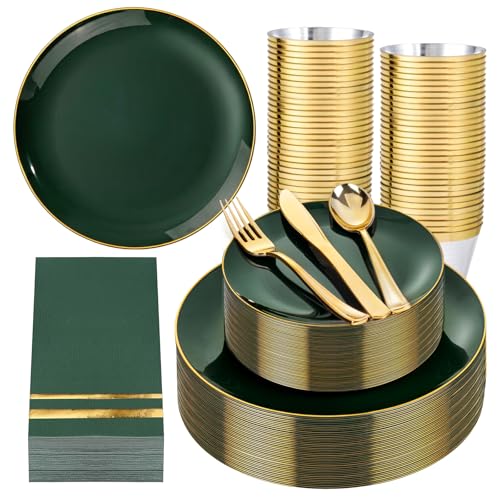 Green Disposable Plastic Plates Set for 50 Guests - Dinner & Dessert Plates, Gold Silverware, Cups & Napkins - Variation: Green