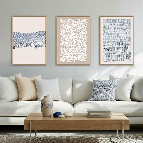 Blue and Neutral Mid-Century Boho Wall Art Set - 3 Panels 16x24 Framed