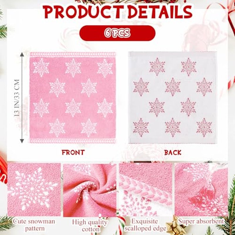 6 Pcs Christmas Washcloths Cotton Wash Cloths 13 X 13 Winter Xmas Kitchen Small Face Towels Absorbent Soft Bath Towels for Christmas Holiday Party Decor(Pink,Snowflakes)