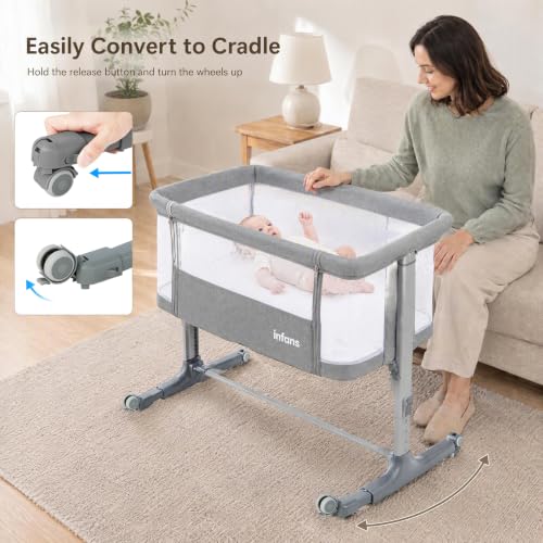 INFANS 3-in-1 Baby Bassinet Bedside Sleeper with Manual Rocking - Light Grey, 34 x 25 x 32 inches
