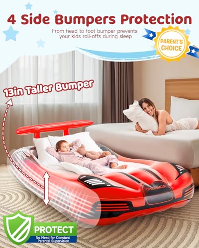 Red Inflatable Toddler Travel Bed with Safety Bumpers & Auto Pump