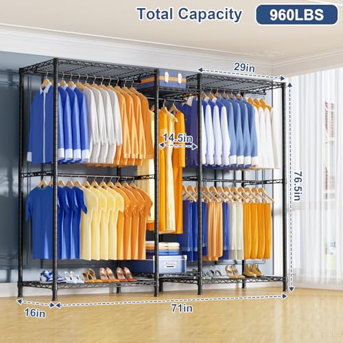 Ulif E12 Pro Heavy Duty Clothing Rack with Shelves - Black, 71" Wide