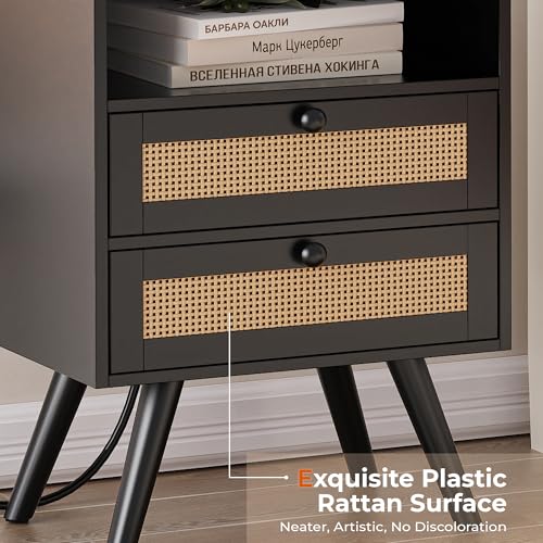 Nightstand with Built-In Charger Station, Boho Rattan Set of 2 - Black, 15.8"W x 11.8"D x 25.2"H