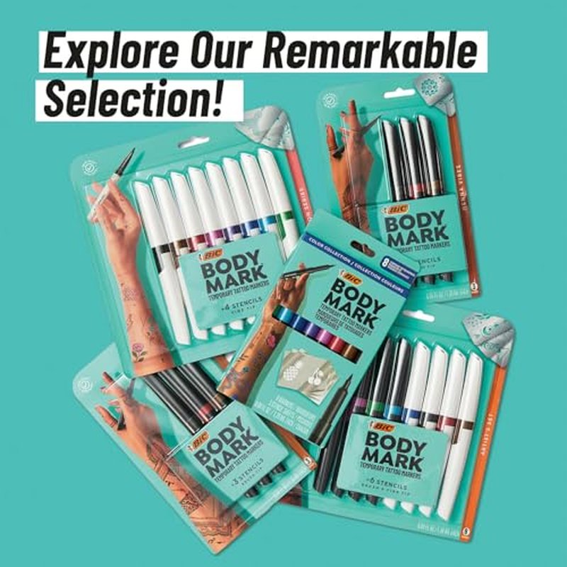 BIC BodyMark Temporary Tattoo Marker with Cosmetic Quality and Skin Safety, 8-Count in Assorted Colors