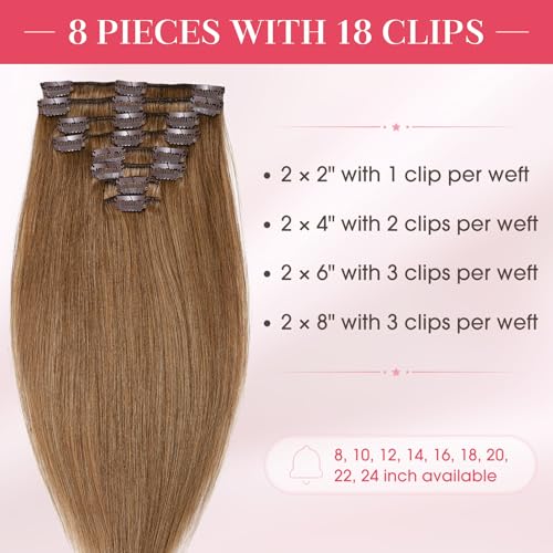 Clip-In Hair Extensions 100% Human Hair Short 8 Inch Light Brown 8pcs Full Head