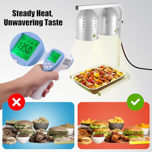 Food Heat Lamp with 2 x 250W Bulbs - Silver, Adjustable Stand, 5000+ Hours