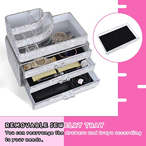 White Bling Diamond Makeup Organizer Drawer Set - 2 Pieces, Handcrafted Jewelry & Cosmetic Storage