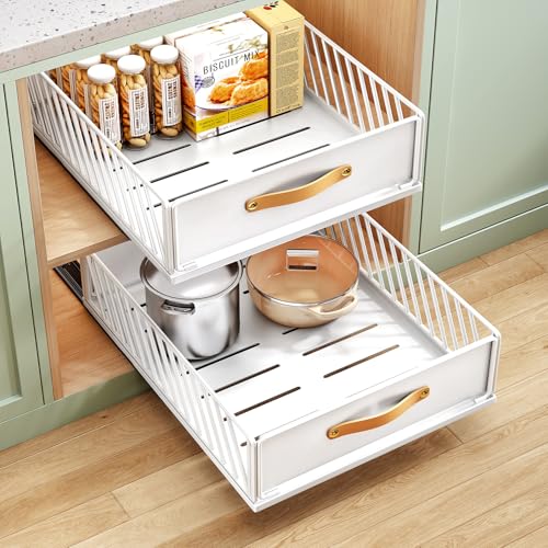 Pull Out Cabinet Organizer 15.8W x 21D x 6.2H Inches White - Heavy Duty Slide Out Shelves with Handle, Nano Film, No Drill Needed (1 Pack)