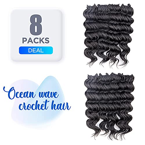 Ocean Wave Crochet Hair 14 Inch 8 Packs - Natural Black Deep Wave Synthetic Braiding Extensions - Variation of 1B / 14 Inch