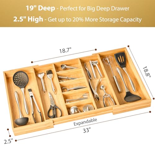 Adjustable Bamboo Kitchen Drawer Organizer for Utensils - For Utensil 19-33 Inches, Extra Large Expandable Cutlery Tray