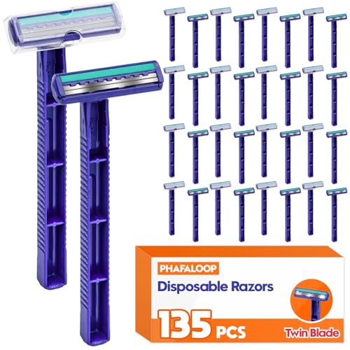Twin Blade Disposable Razors for Men & Women ? Bulk 135 Pack Stainless Steel Shavers with Lubricating Strip, Safety Cap & Non-Slip Handle for Sensitive Skin, Travel, Hotel, Charity ? Blue