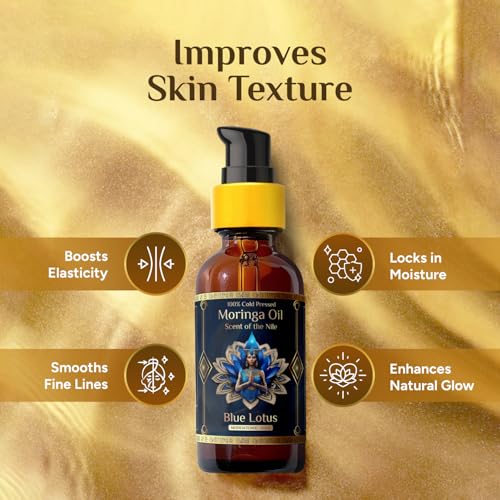 Pure Organic Moringa Oil with Blue Lotus Flower ? Deep Hydrating & Anti-Aging Ritual Oil for Skin, Hair & Nails ? Premium 100% Cold Pressed Moringa Seed Extraction, Nourishes & Hydrates Skin 2oz.
