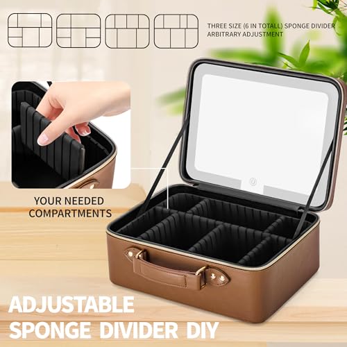 Gdsshuhung Brown Makeup Bag with LED Mirror - 11.5-inch Travel Cosmetic Organizer