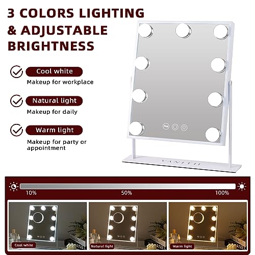 VANITII Vanity Mirror with Lights Hollywood Lighted Makeup Mirror with 9 Dimmable Bulbs Smart Touch Control 3 Colors Light for Bedroom, Detachable 10X Magnification, 360¡ÆRotation