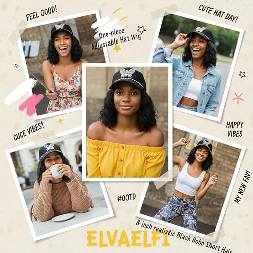 ELVAELFI 8-Inch Short Wavy Black Cap Wig with Rhinestone Butterfly for Women - Variation Cap21-1B / 8 Inch