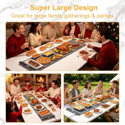 Extra Large Food Warming Mat 47x15 Inch with 7 Heat Settings & 8-Hour Timer – Gray, Flexible Buffet Warming Pad