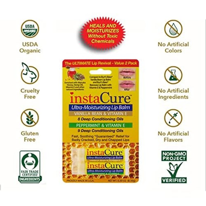 Insta Cure Manuka Honey Magic Lip Balm, Certified Organic Ingredients, Ultra-Moisturizing, Quickly Clears Skin Irritations, Hydration Stick for Damaged Lips