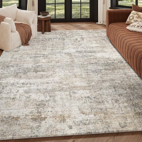 Grey Beige Washable Area Rug 8x10 for Living Room Vintage Print - Pet-Friendly