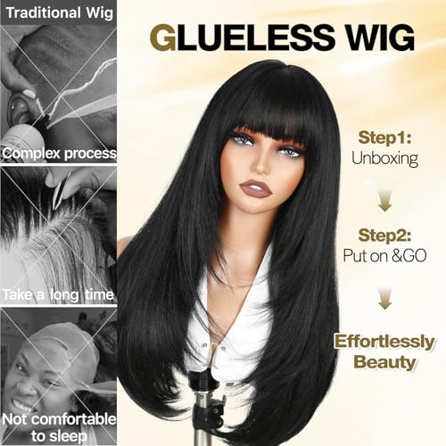 WIGNEE Natural Black Long Straight Layered Wig with Bangs for Women