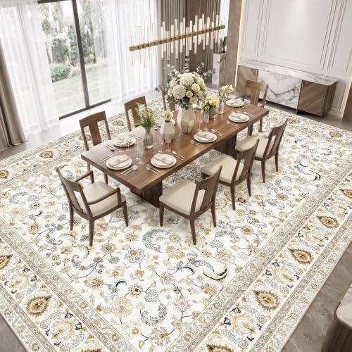 Beige 9x12 Washable Rug with Non-Slip Backing for Living Room
