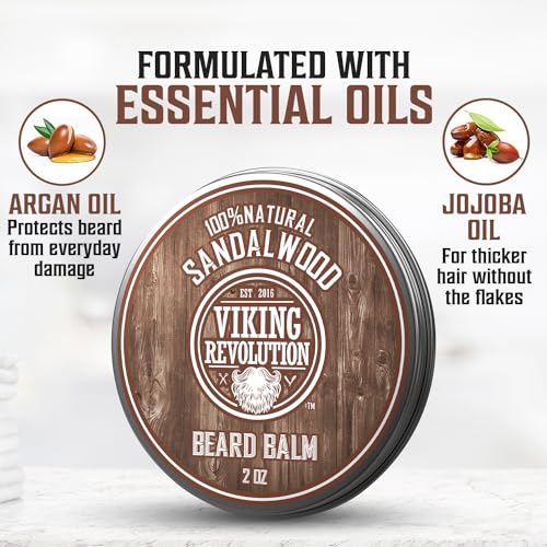 Viking Revolution Sandalwood Beard Balm - Beard Butter with Argan Oil, Beard Softener for Men with Jojoba Oil - Beard Moisturizer for Men with Beeswax - Beard Wax for Men (2oz, 1 Pack)