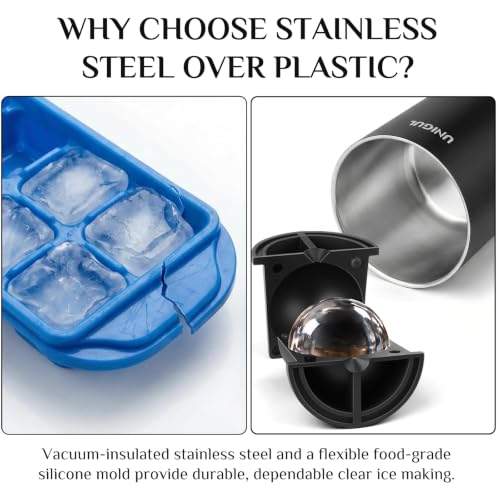 Unigul 4-Pack 2.5" Clear Ice Ball Molds — Stainless Steel Insulated Cup, Large Round Ice Cubes for Whiskey