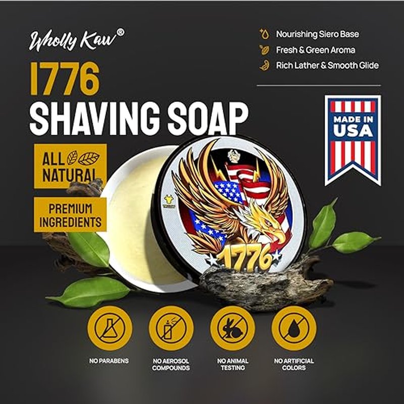 1776 Shaving Soap. Donkey Milk, Water Buffalo Milk, Whey Proteins, Tallow, Hops Extract. Osmanthus, Benzoin, Labdanum, Grapefruit, Artemisia, Tarragon, Patchouli, Musk, Tonka Bean, Cedarwood