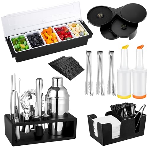 Bar Supplies Kit with Garnish Tray and Cocktail Shaker Set - 5 Compartments