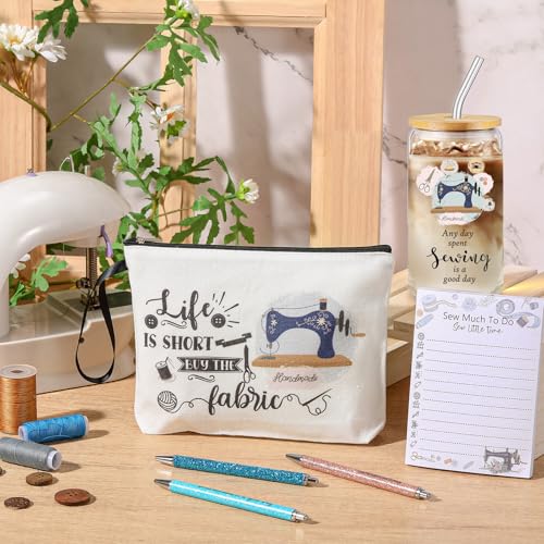 Kacctyen 6 Pcs Sewing Gifts for Quilters Sewing Enthusiast Notions Canvas Makeup Bag 16.9 oz Glass Tumbler 100 Sheets to Do List Notepad and 3 Ballpoints Pens Quilting Lover Gifts for Women