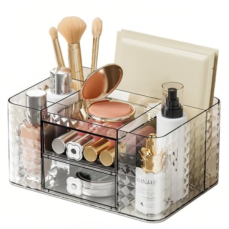 Makeup Organizer with Drawers and Clear Storage - Vanity Counter Organizer and Bathroom Countertop for Makeup Brush, Lipsticks, Nail Polishes, Perfumes, Eyeshadow Palettesand Cosmetics