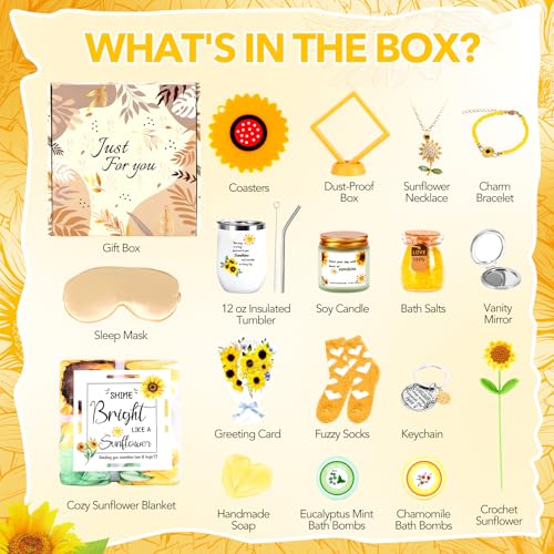Self Care Gift Basket for Women - Yellow Sunflower Get Well Soon Care Package with Blanket & Spa Items