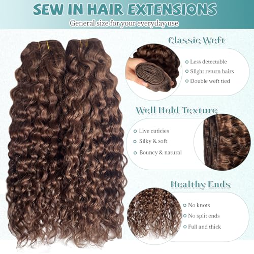 Brown Water Wave Human Hair Weft Extensions 14 Inch Sew In Curly Hair for Women - Dark Brown #4, Remy, 80g - Variation of Brown# / 14 Inch