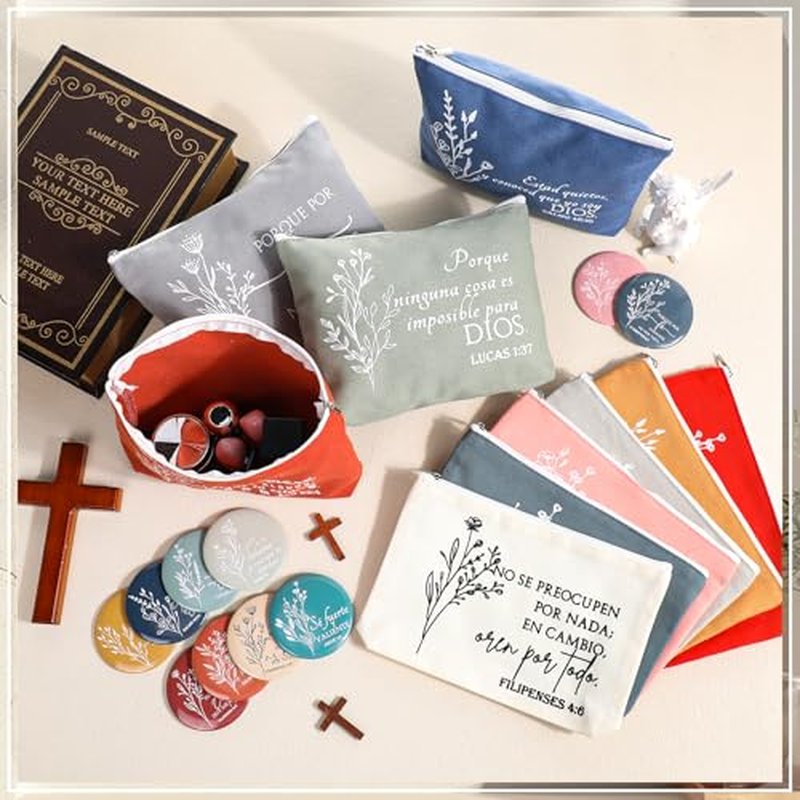 Kacctyen Spanish Christian Easter Gifts for Women Bulk Bible Verse Makeup Bags Religious Gift Regalos Cristianos Para Mujer Canvas Pouch Compact Mirrors Mother's Day Church Gift(Morandi Color,10 Sets)
