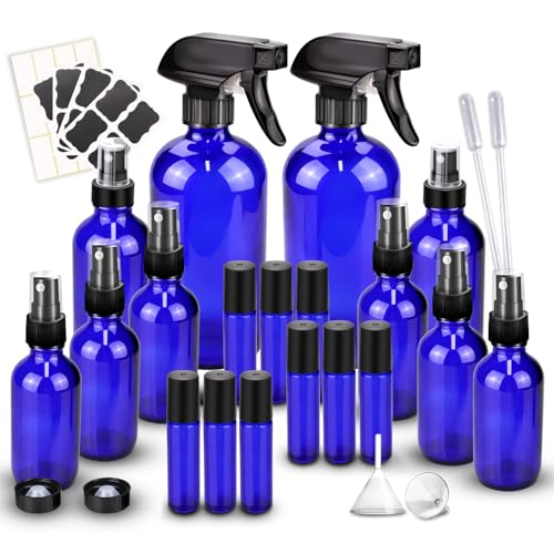 Blue Glass Spray Bottle Kit 10 Pieces - Reusable UV-Protective Mist & Roller Bottles for Aromatherapy & Household Use
